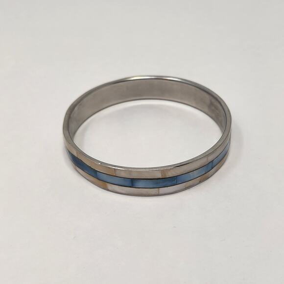 Blue White Abalone Shell Inlay Silver Tone Bangle Bracelet Vintage Stackable - Picture 3 of 5